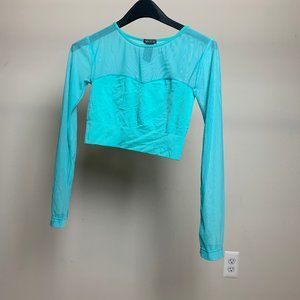 blue, long sleeved ,sea-through top
